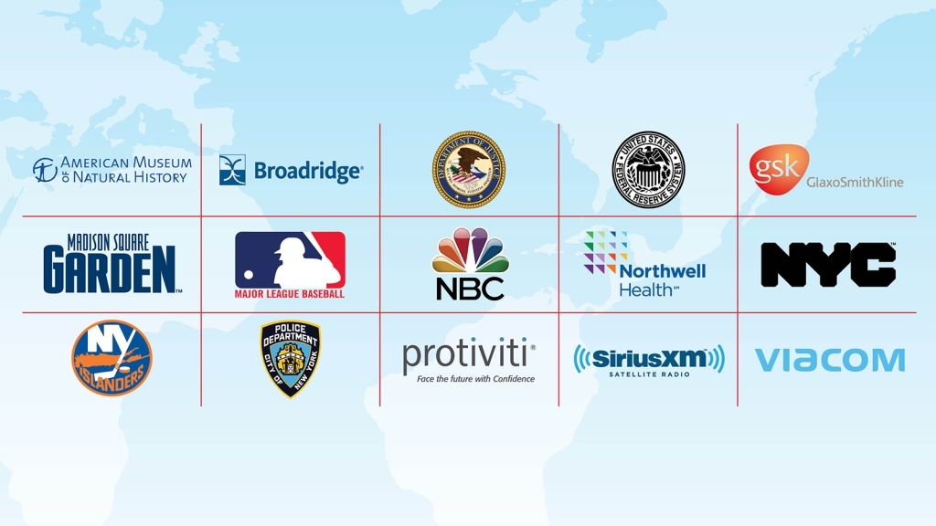 Logos from AMNH, Broadridge, Dept of Justice, Federal Reserve, GSK, MSG, MLB, NBC, Northwell Health, NYC, NY Islanders, NYPD, Protiviti, SiriusXM, Viacom
