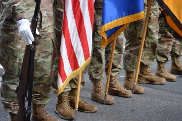 Cadets in the Red Storm Battalion Color Guard march with the U.S., Army, and battalion flags during the NYC Veterans Day Parade. St. John’s cadets participate in many high-profile events like the Tunnel to Towers 5K Walk and Run, Army Ten-Miler, and NYC St. Patrick’s Day Parade to name a few. (circa Fall 2019)