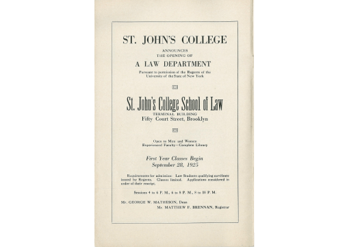 St. John's College Announces the Opening of A Law Department in 1925