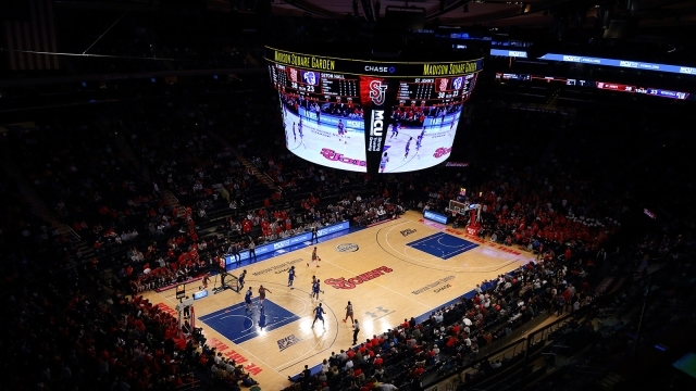 Overhead view of St. John's Basketball court at MSG