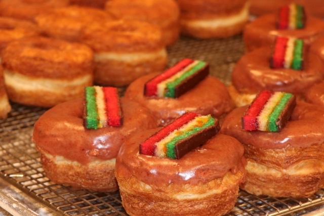 tray of rainbow donuts