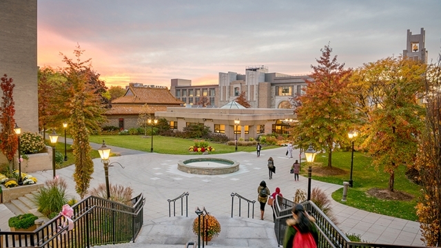 View of Queens campus lower campus at sunset