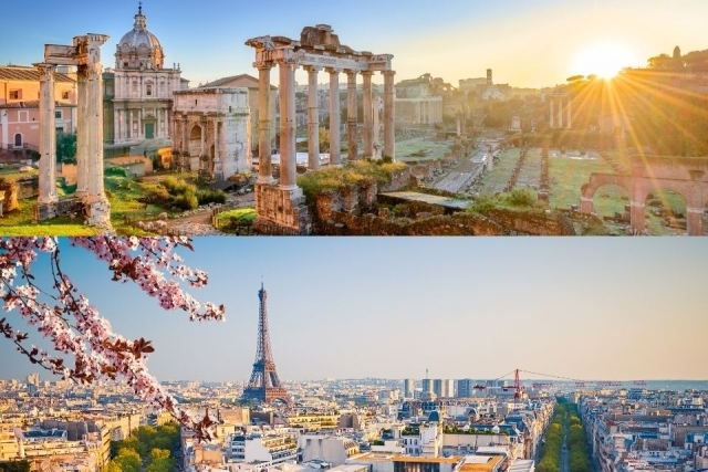 Rome at top of image, Paris with Eiffel Tower on bottom of image