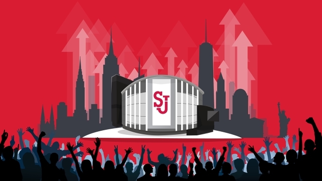 Madison Square garden front and center in the skyline with the St. John's logo in the center and silhouettes of people cheering