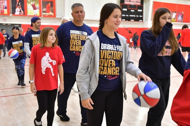 Students and Friends dribble basketballs during charity event 