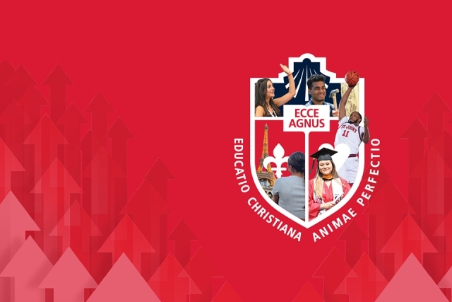 St. John's University crest featured on red background with arrows pointing up