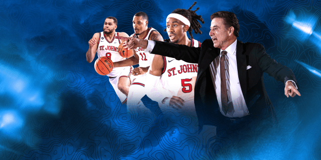Rick Pitino and 3 St. Joh's Basketball Players over a stormy blue background