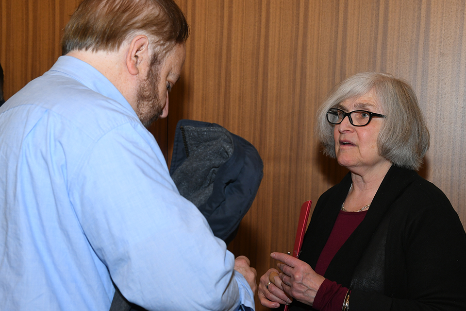Hasia R. Diner, Ph.D. speaking with a male