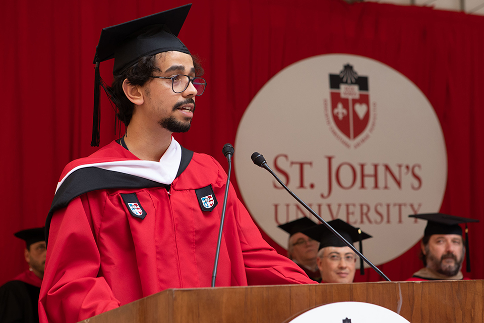 Speaker at the podium during commencement