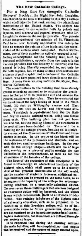 "The New Catholic College." Brooklyn Daily Eagle, February 24, 1868, page 2.