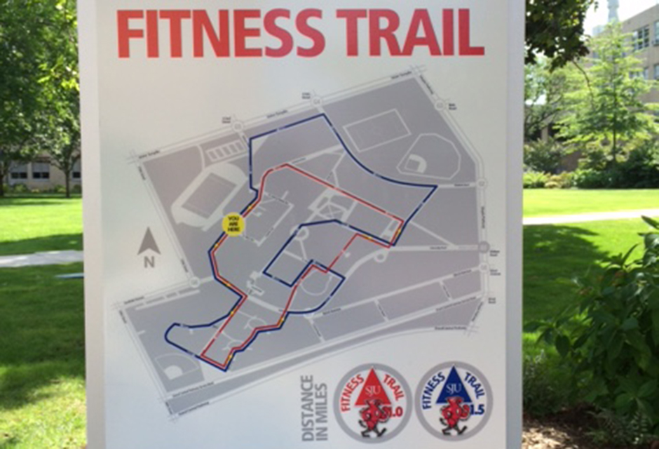 Fitness Trail with campus map and markers of the trail