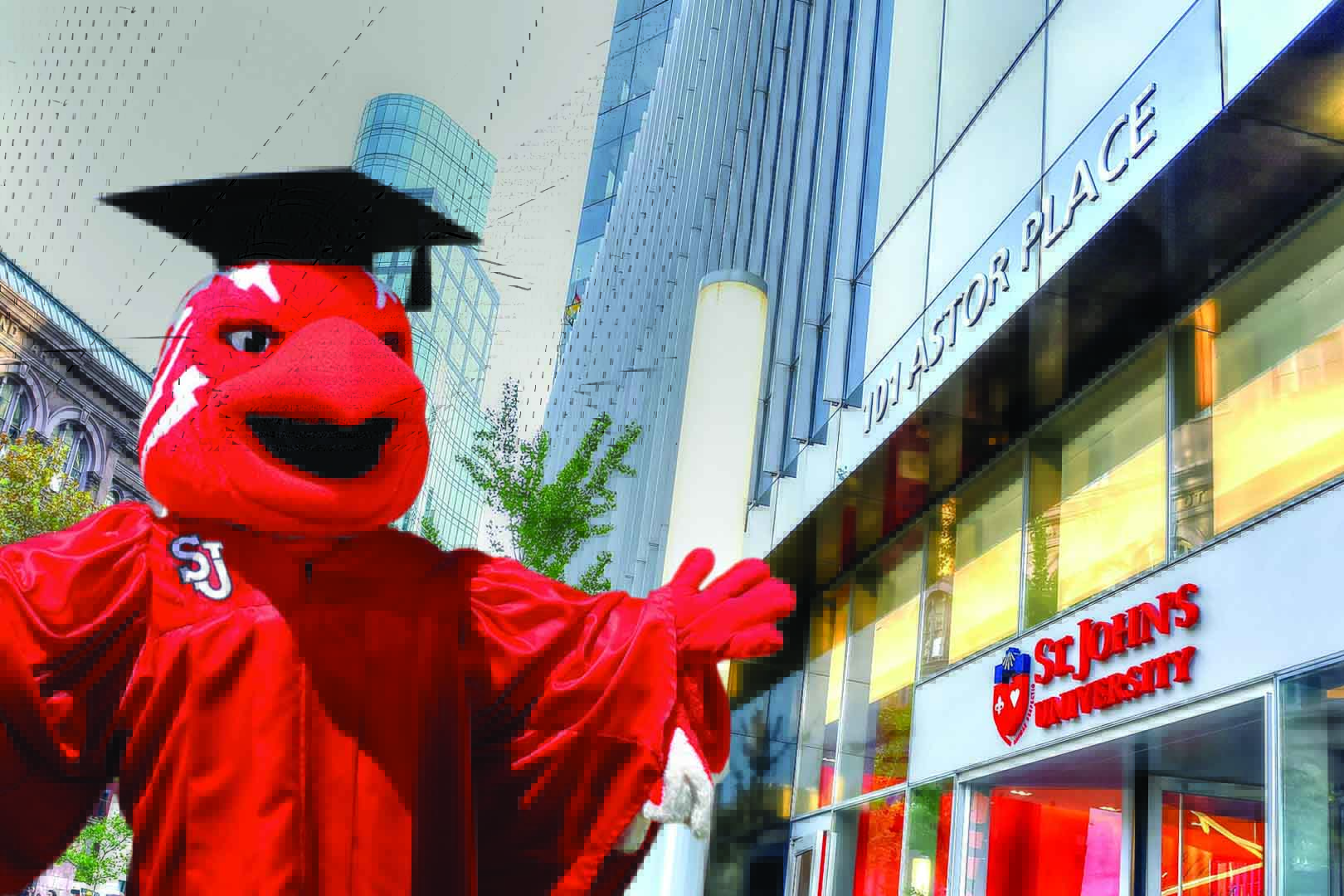 Johnny Thunderbird dressed in Commencement Attire on the St. John's Manhattan Campus