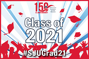 Class of 2021 #SJUGrad21 Rays with graduation caps flying up