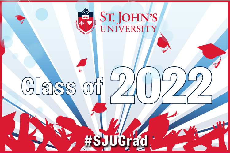 Class of 2022. St. John's University Logo. Blue rays with red commencement imagery in background.