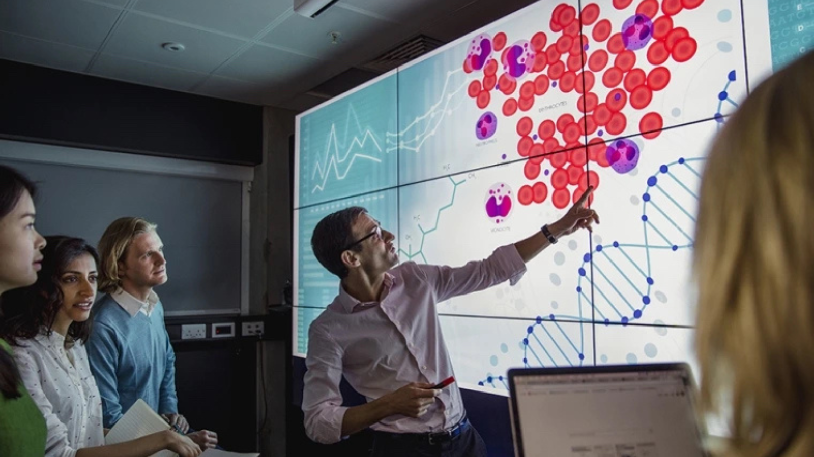 Male faculty member pointing at screen while students look on