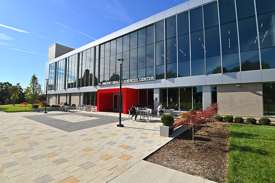 St. Vincent Health Sciences Center exterior on a clear, sunny day