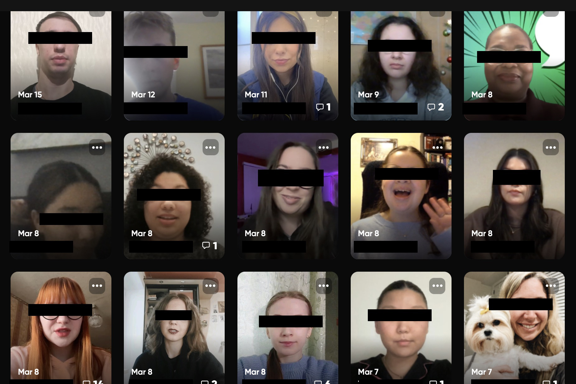 Screenshot of faces on Zoom call with eyes covered