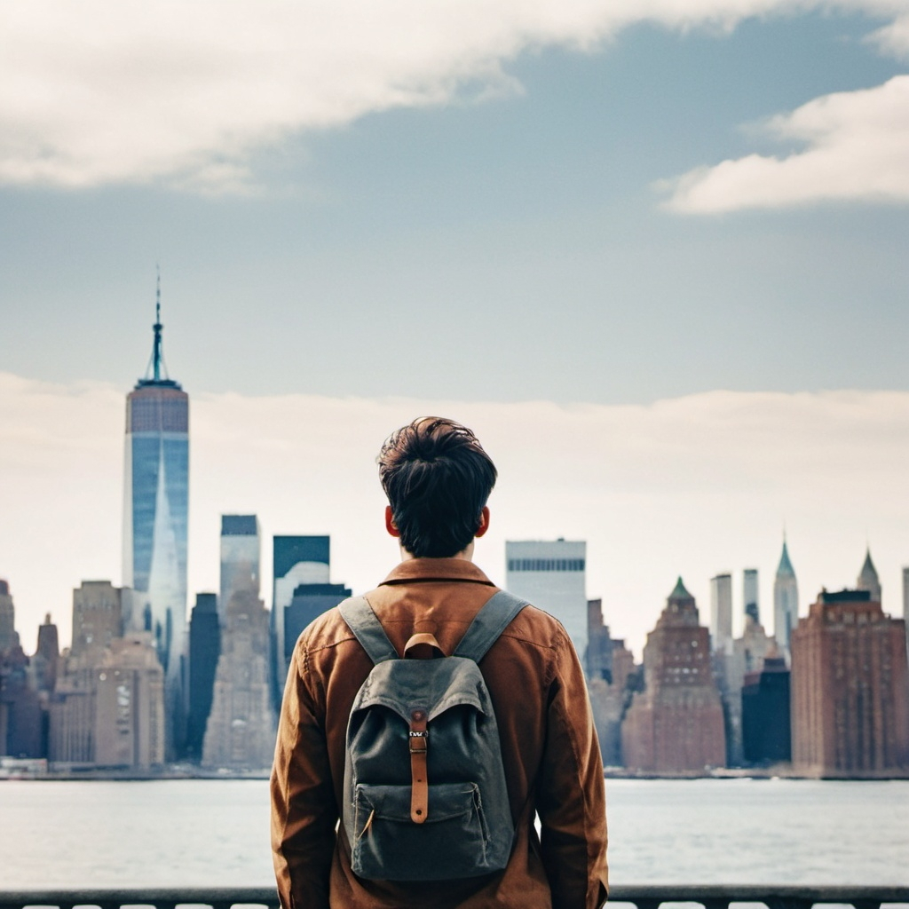 student looking across river to lower manhattan