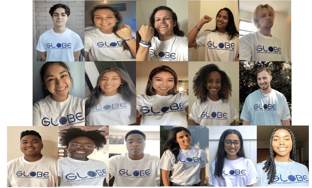 16 student headshots put together in a collage all wearing the GLOBE shirts