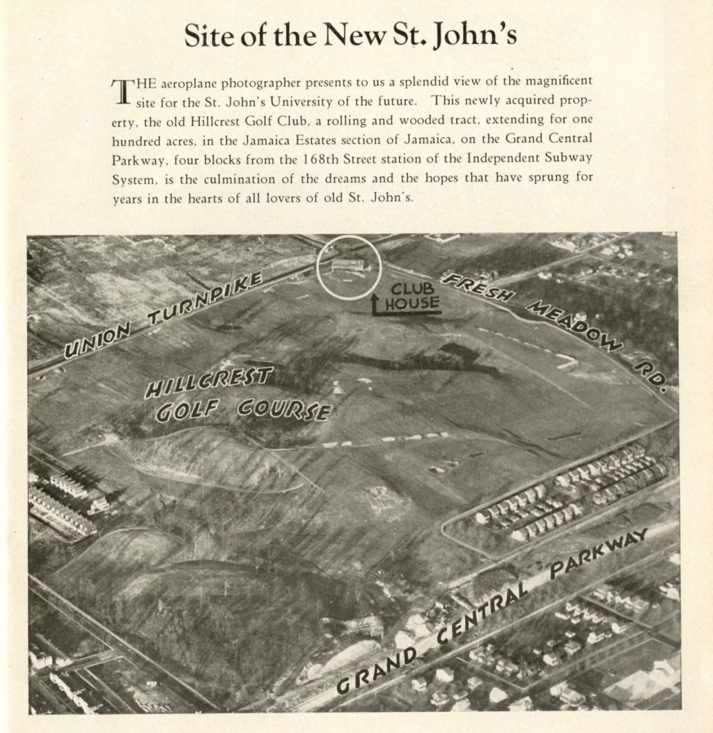Site of the New St. John's 1936 aerial view with location of golf course, clubhouse, Grand Central Parkway, Union Turnpike, and Fresh Meadow Road