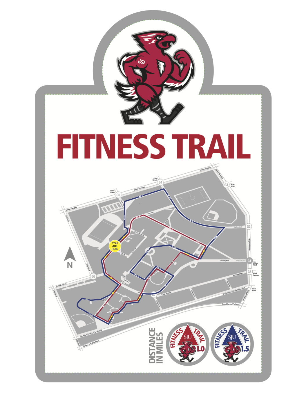 A map of the fitness trail around the Queens campus