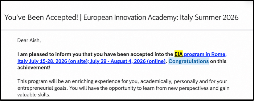This is the email confirming my selection for the program: