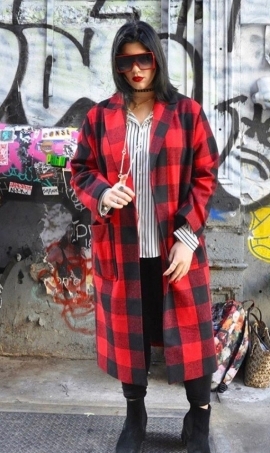 Despina Kotsis wearing MINX NEW YORK red and black coat