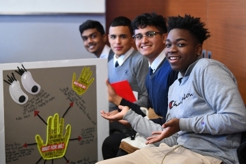 Students pose with innovation project at 2019 Pitch Johny