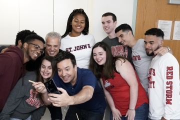 Jimmy Fallon taking selfie with St. John's Students in Dorm Room