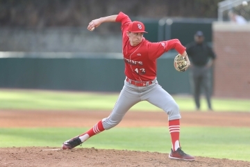 Joseph Kelly pitching on the St. John's University Jack Kaiser field