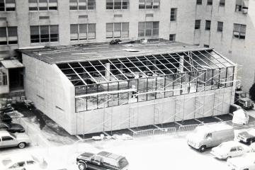 St. Louise de Marillac Hall exterior construction in black and white