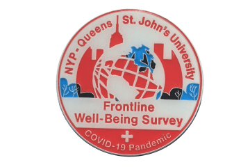 Partnership Pin Text: NYP-Queens St. John's University Frontline Well-Being Survey.  Covid-19 Pandemic
