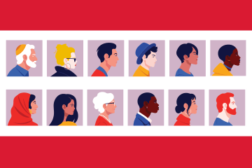 Profile of 21 peoples heads in boxes