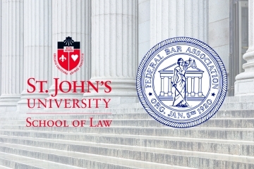 Courthouse pillars with St. John's School of Law and Federal Bar Association logos overlayed