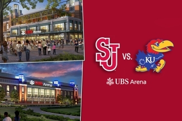 UBS arena drawings next to Kansas vs St. Johns logo