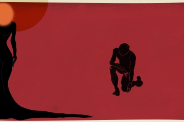 Silhouette down on one knee facing back of female silhouette