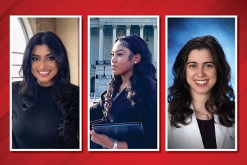 Red border around collage of Sanjana Abraham, Madison King and Vasillia Plakas from Class of 2024