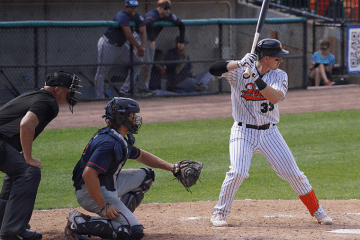 Frank Schwindel about to swing at home plate during baseball game
