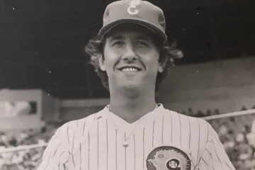 Steve Ratzer in his baseball uniform; black and white photograph