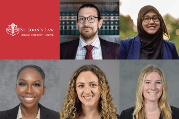 St. John's Law logo and Public Interest Center Fellows Justin Gorgchuk, Sadia Kauser, Hannah Stubbs, Bridget Murphy, and Sabrina Meristil.