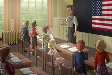 Teacher and students reciting pledge in a classroom.