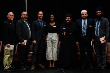 L to R: Fr. Wil Tyrell, S.A., Rabbi Shlomo Nisanov, Dr. Matthew Lewis Sutton, Cyndi Joubert, Fr. Gregory Saroufeem, Imam Bayram