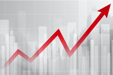 Arrow pointing upwards on a background of graphs