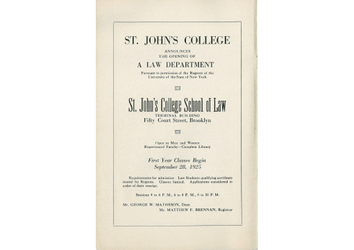 St. John's College Announces the Opening of A Law Department in 1925