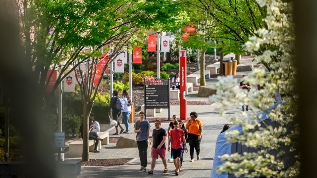 Students Walking on Campus in the Spring