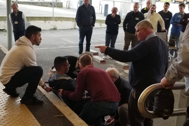 Paul Espiritu, Samantha Melendez, Keyla Peyano, and Theresa Vogel speaking with group of people