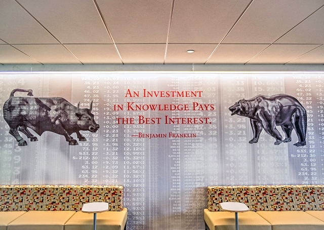 Bear and Bull graphic on wall in the business school