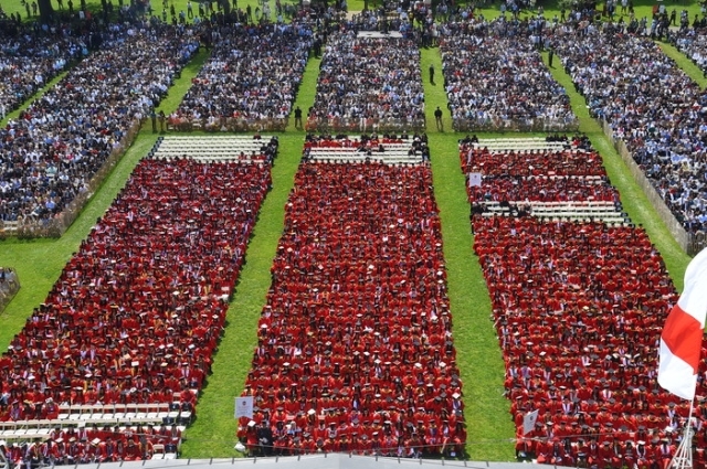 Overhead of Commencement ceremony on great lawn