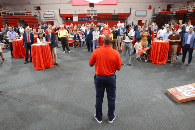 Overhead shot of Mike Anderson addressing the crowd at Taste of St. John's