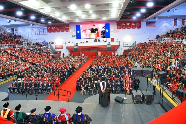 Overhead shot of Carnesecca Arena during New Student Convocation ceremony